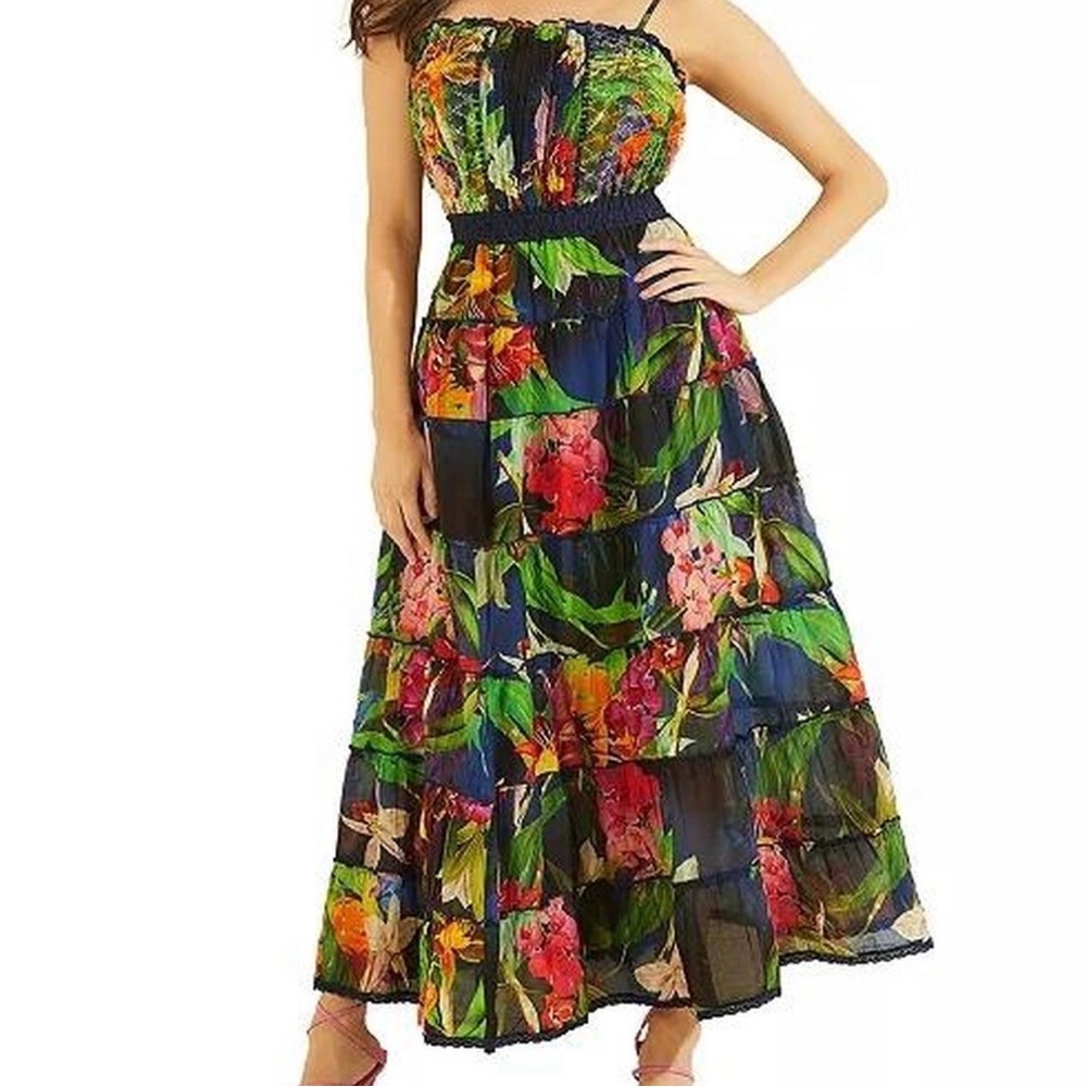 Guess Floral Tiered Maxi Dress in Black, Green, Red